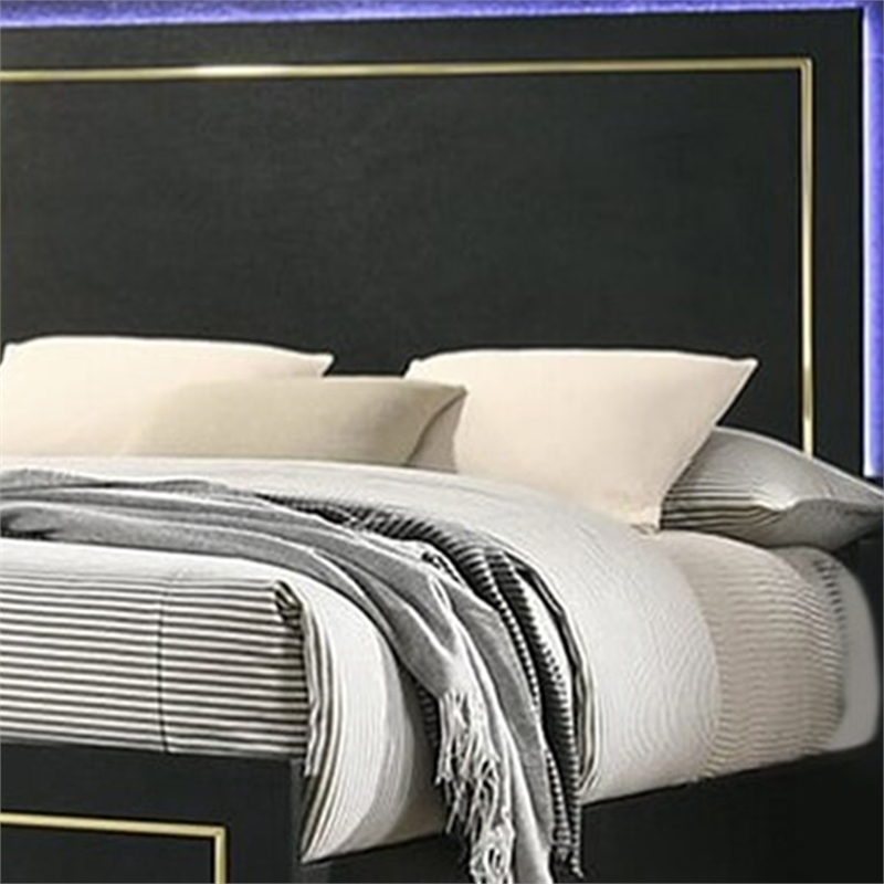 Lati Queen Bed-LED Headboard-Gold Trim and Bracket Legs-Black Wood