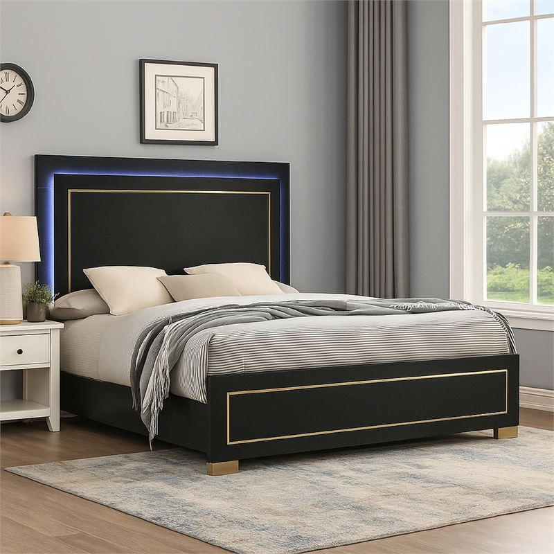 Lati Queen Bed-LED Headboard-Gold Trim and Bracket Legs-Black Wood
