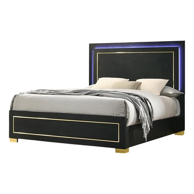Lati Queen Bed-LED Headboard-Gold Trim and Bracket Legs-Black Wood