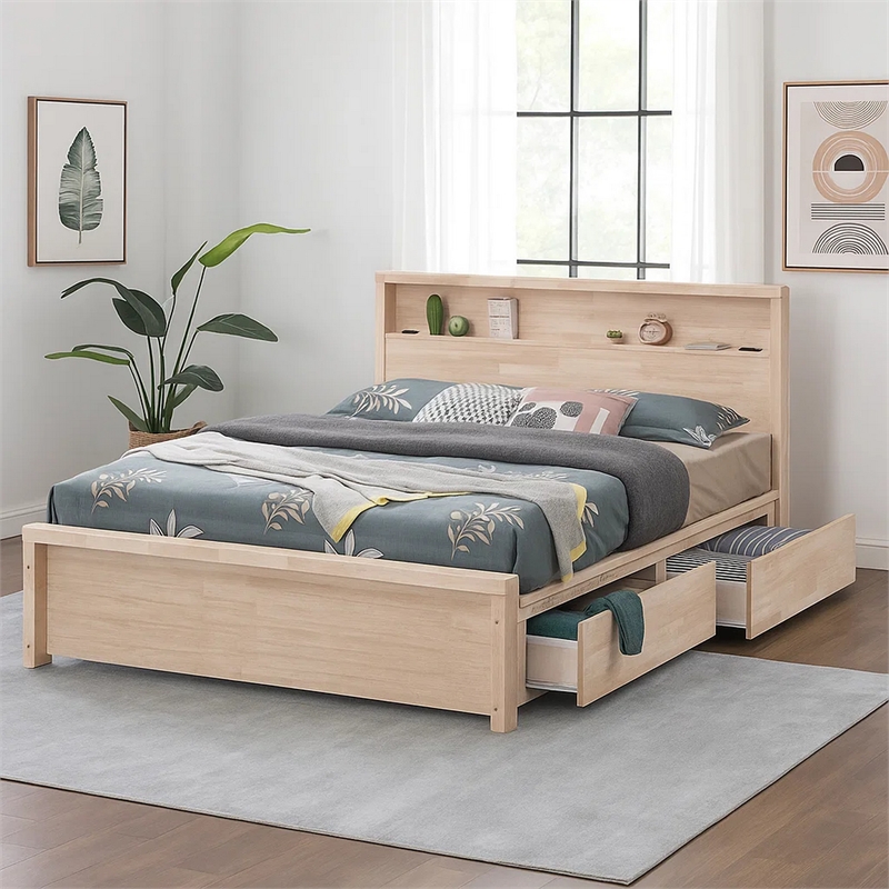 Gilu Twin Size Bed-Bookcase Headboard-2 Drawer Footboard-Whitewash