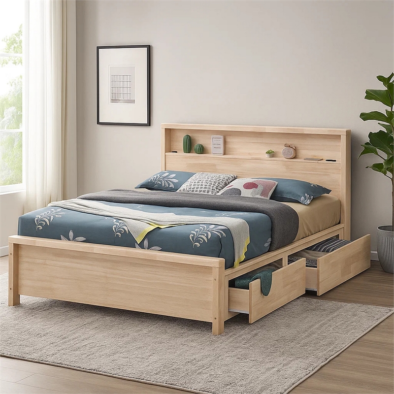 Gilu Twin Size Bed-Bookcase Headboard-2 Drawer Footboard-Whitewash