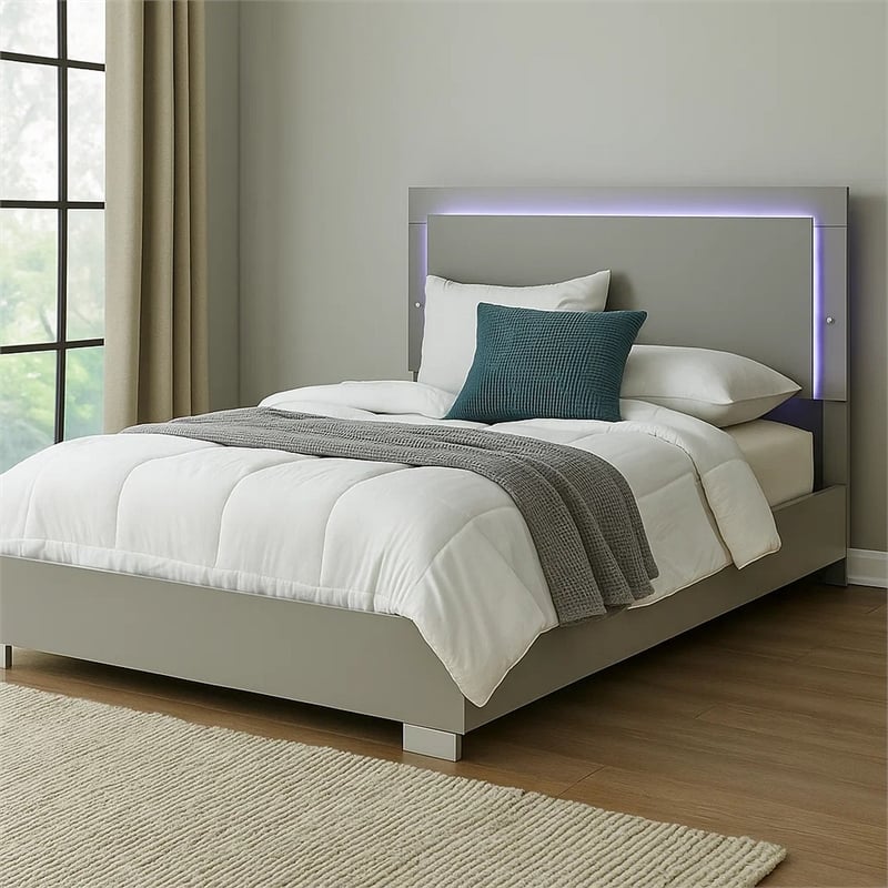 Suni Queen Size Bed w LED Headboard-Light Taupe Gray Wood Frame