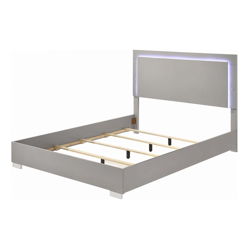 Suni Queen Size Bed w LED Headboard-Light Taupe Gray Wood Frame