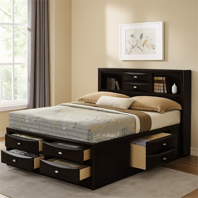 Simo Full Bed-Bookcase Headboard-Storage Drawers-Black