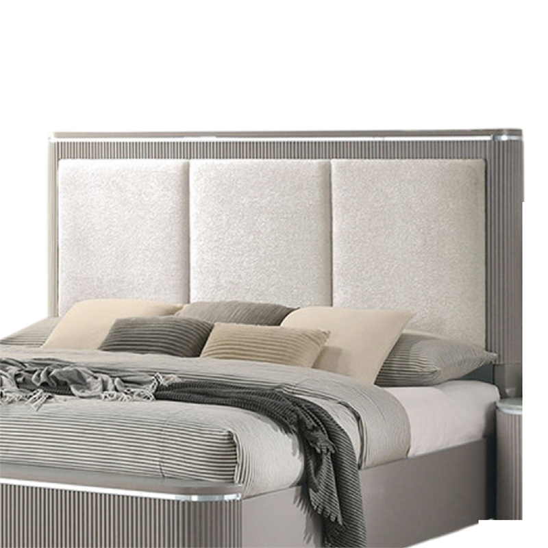 Gema Queen Bed-Channeled Upholstery-Reeded w Silver Line-Light Gray