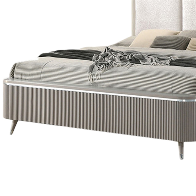 Gema Queen Bed-Channeled Upholstery-Reeded w Silver Line-Light Gray