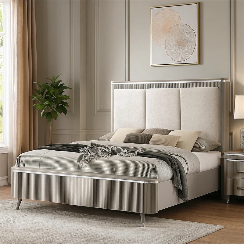 Gema Queen Bed-Channeled Upholstery-Reeded w Silver Line-Light Gray