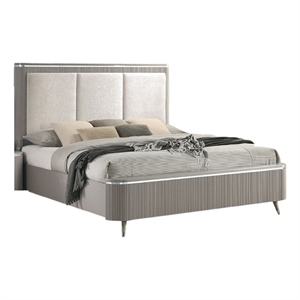 Gema Queen Bed-Channeled Upholstery-Reeded w Silver Line-Light Gray
