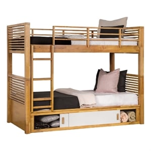Dilu Twin over Twin Bunk Bed-Light Oak Brown Hardwood-Reversible Ladder
