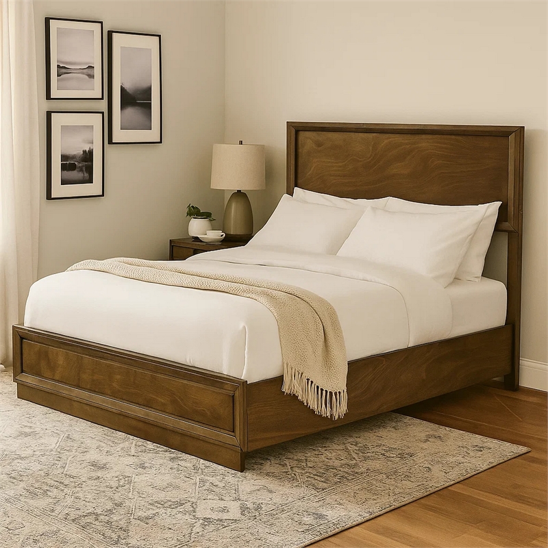 Rouk Queen Size Bed w Panel Headboard-Walnut Brown Okume Veneer