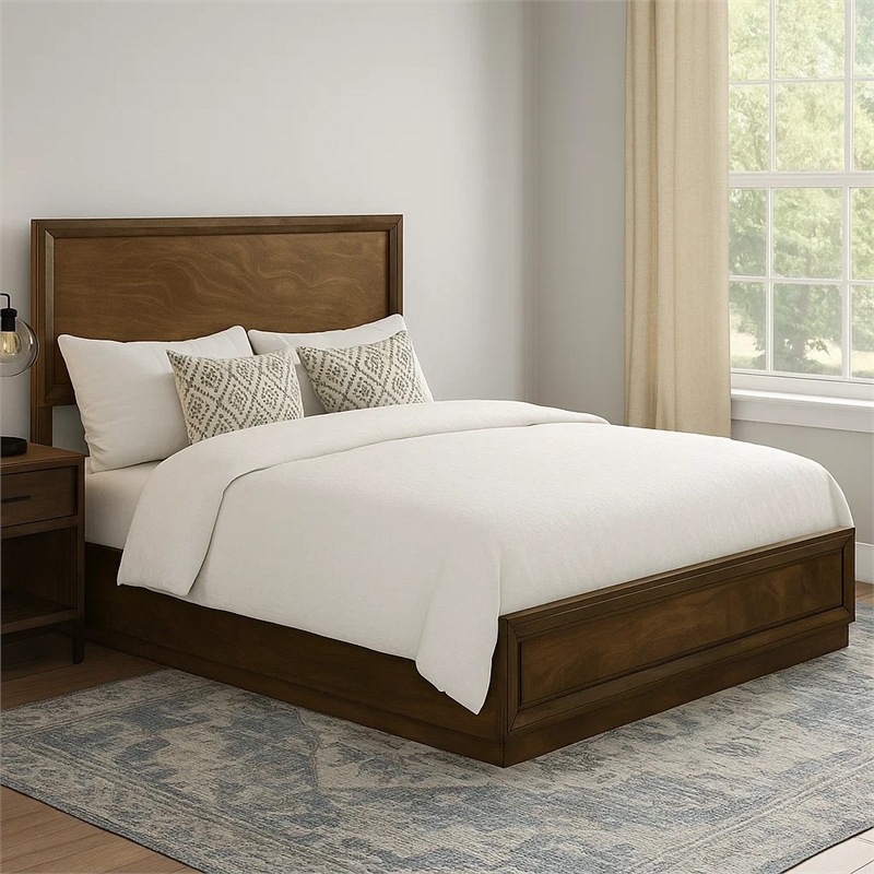 Rouk Queen Size Bed w Panel Headboard-Walnut Brown Okume Veneer