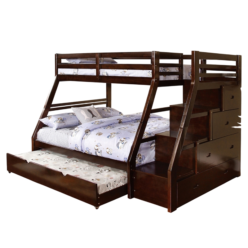 Ellon Twin over Full Bunk Bed-Espresso Brown Solid Wood-Drawers