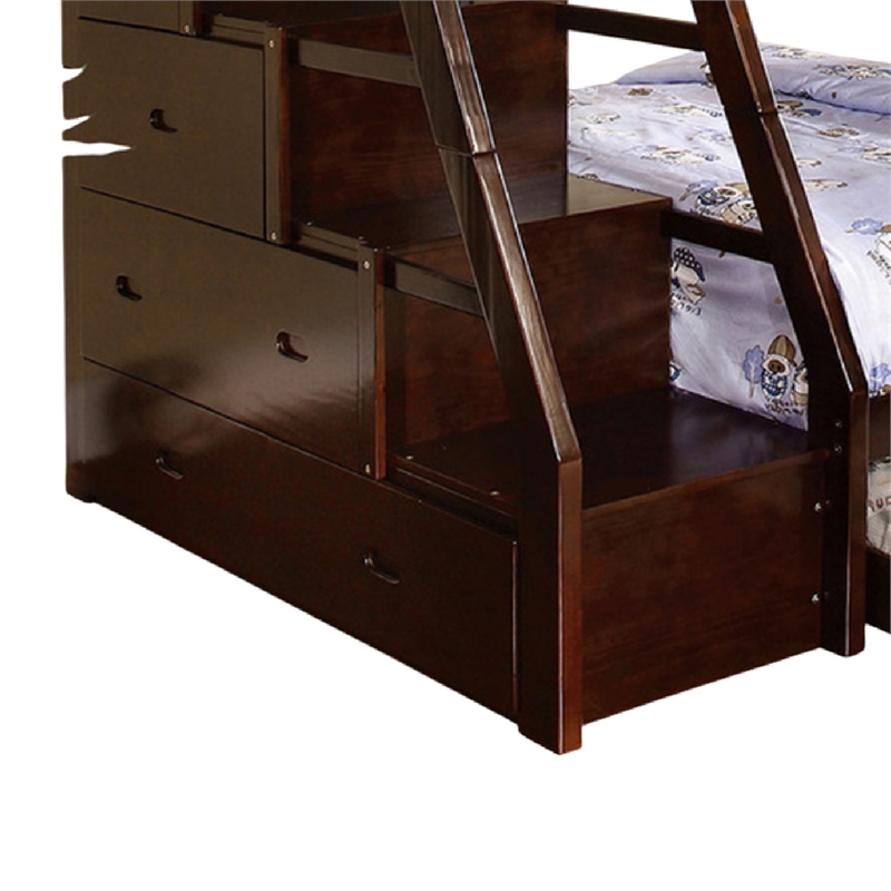 Ellon Twin over Full Bunk Bed-Espresso Brown Solid Wood-Drawers