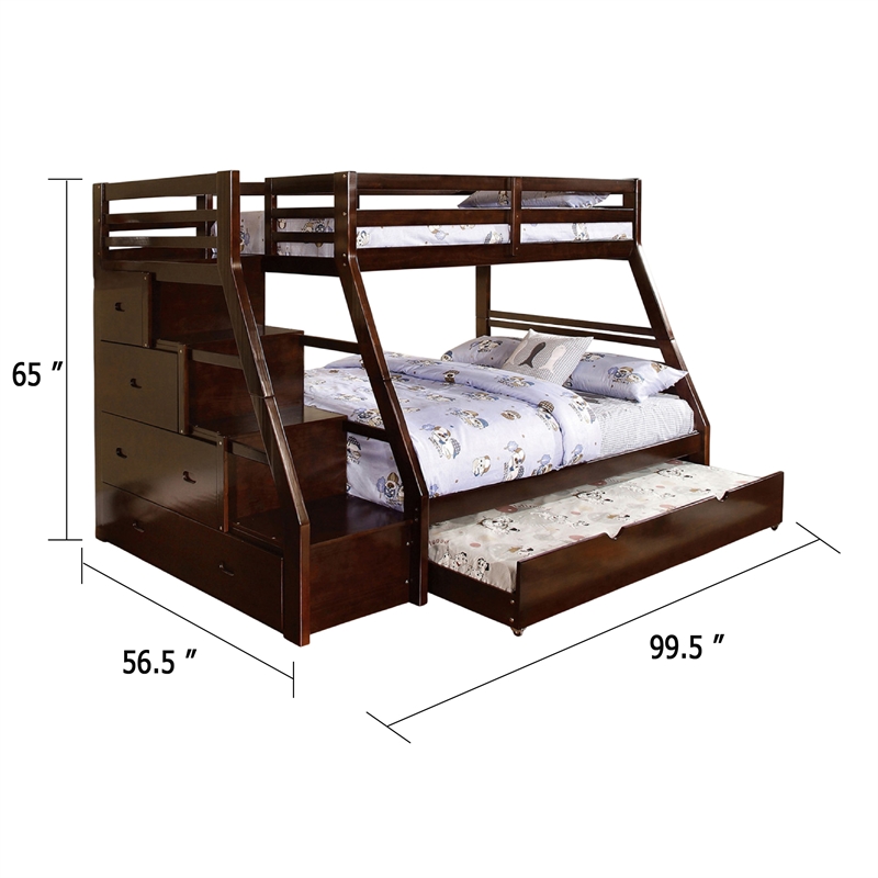 Ellon Twin over Full Bunk Bed-Espresso Brown Solid Wood-Drawers