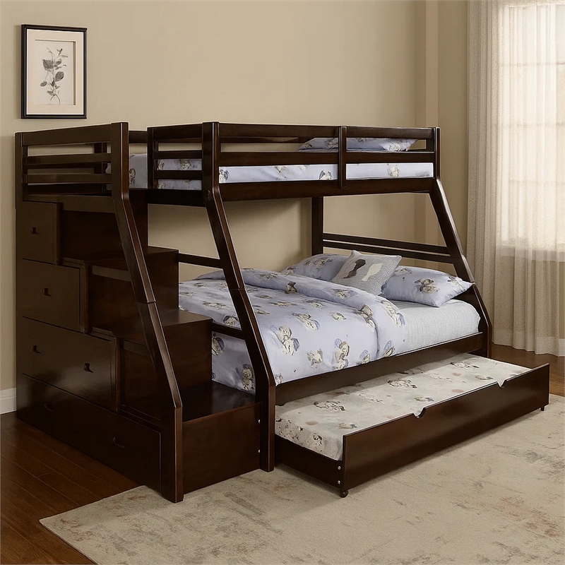 Ellon Twin over Full Bunk Bed-Espresso Brown Solid Wood-Drawers