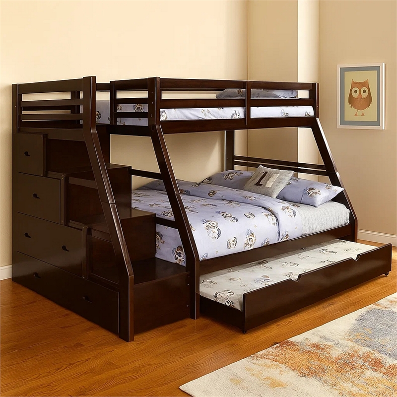 Ellon Twin over Full Bunk Bed-Espresso Brown Solid Wood-Drawers