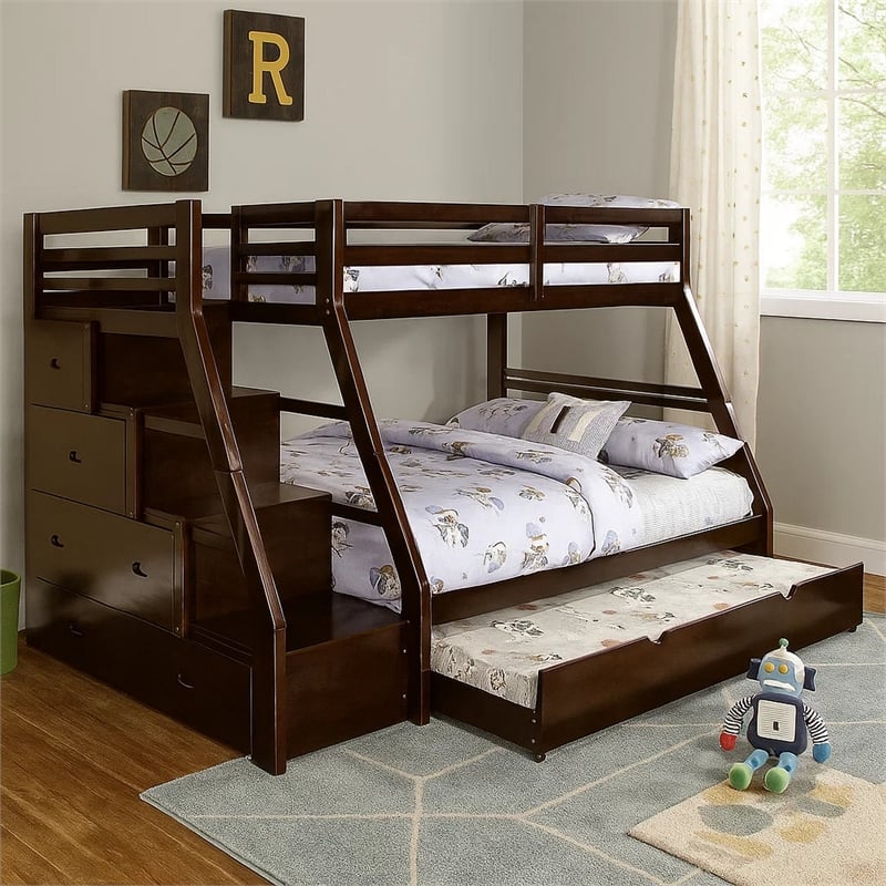 Ellon Twin over Full Bunk Bed-Trundle-Espresso Brown Wood-Drawers