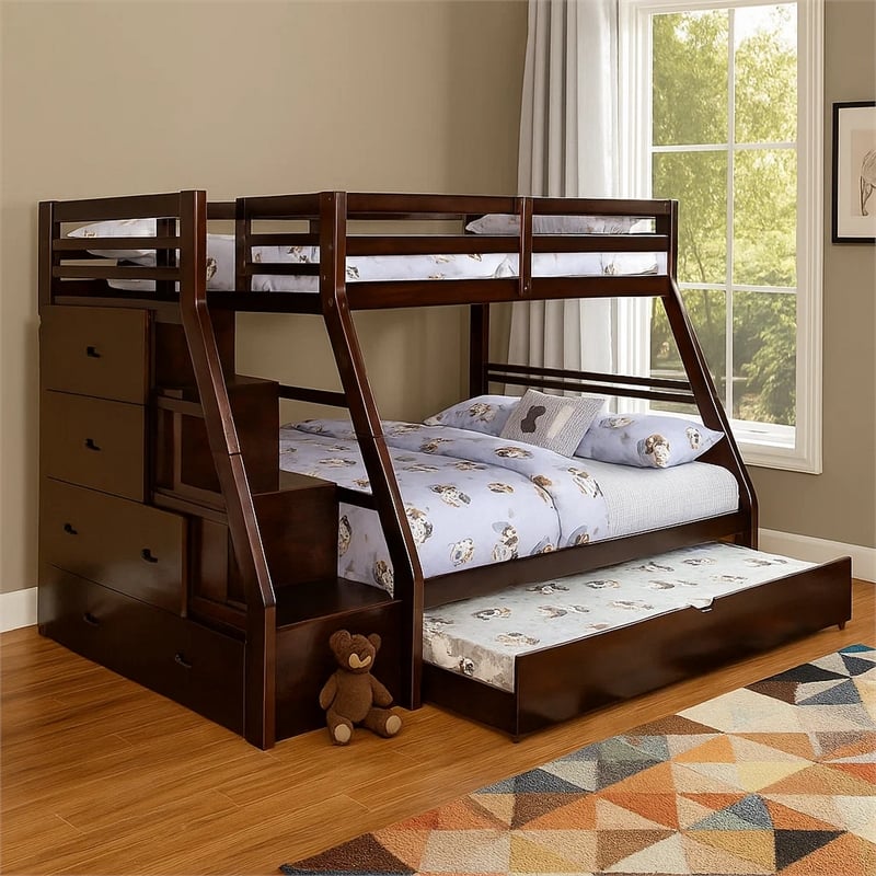 Ellon Twin over Full Bunk Bed-Trundle-Espresso Brown Wood-Drawers
