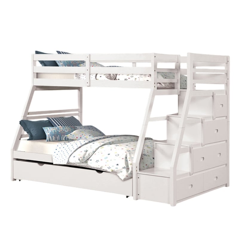 Ellon Twin over Full Bunk Bed-Trundle-White Wood-Storage Drawers