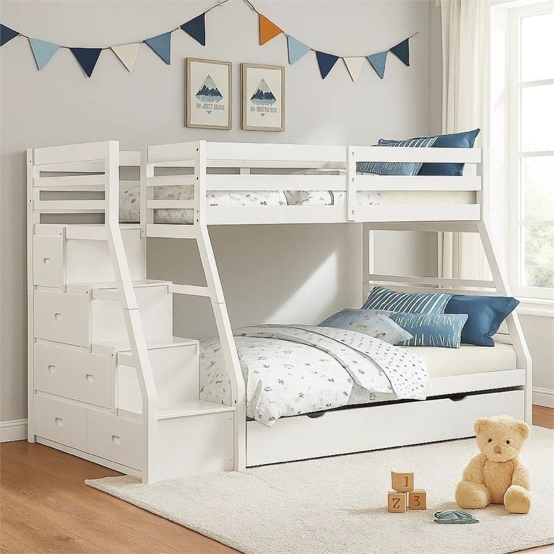 Ellon Twin over Full Bunk Bed-Trundle-White Wood-Storage Drawers