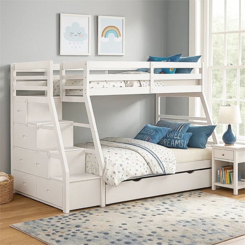 Ellon Twin over Full Bunk Bed-Trundle-White Wood-Storage Drawers
