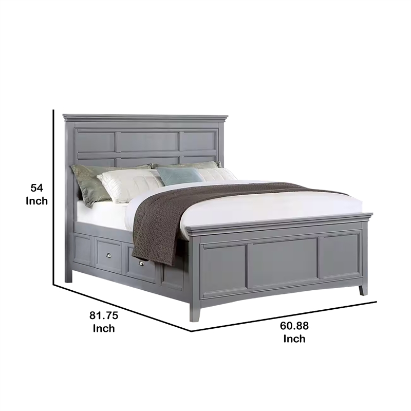 Lile Full Bed with Crown Moulding-Storage Drawers-Gray Solid Wood
