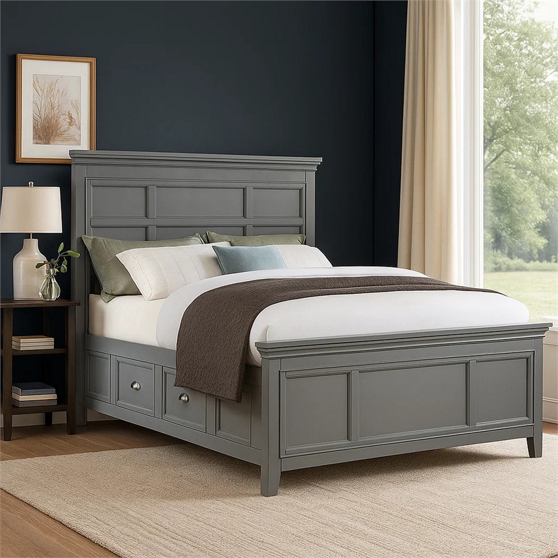 Lile Full Bed with Crown Moulding-Storage Drawers-Gray Solid Wood