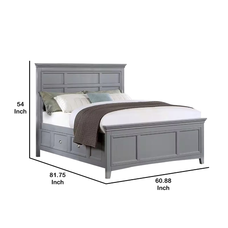 Lile Full Bed with Crown Moulding-Storage Drawers-Gray Solid Wood