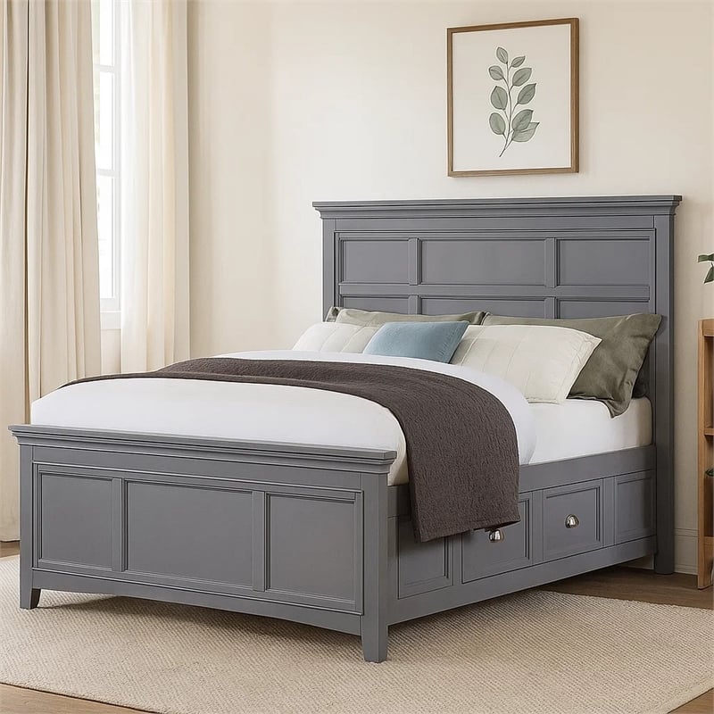 Lile Full Bed with Crown Moulding-Storage Drawers-Gray Solid Wood