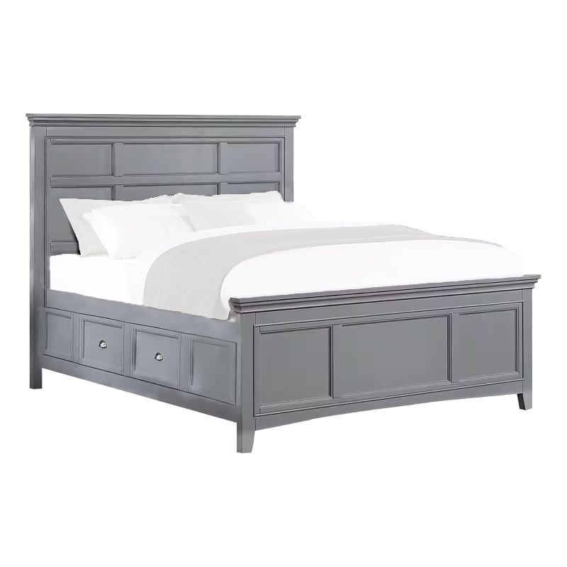Lile Twin Bed with Crown Moulding-Storage Drawers-Gray Solid Wood
