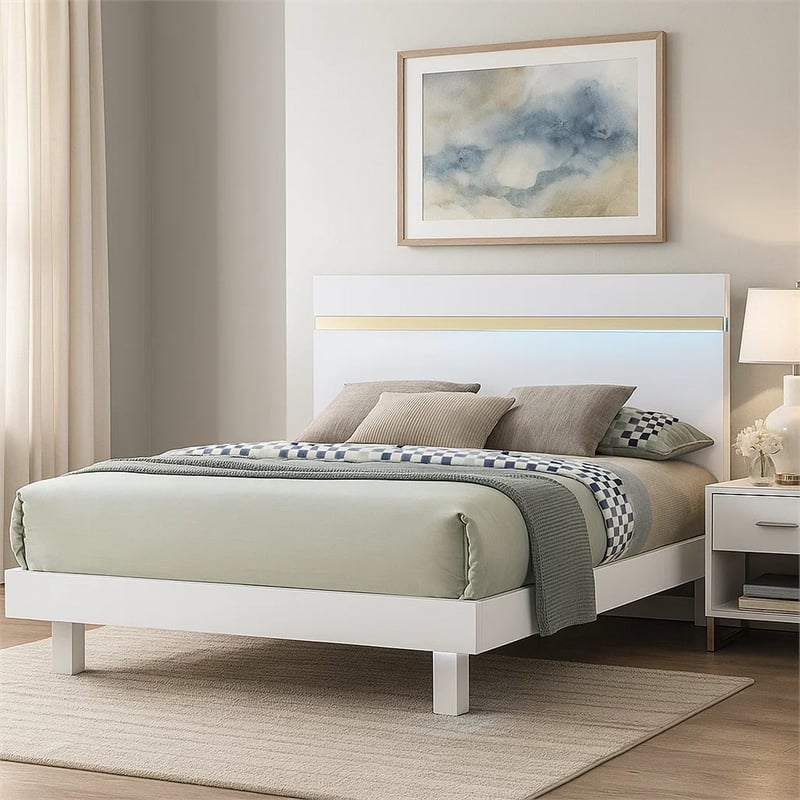 Yoki Queen Size Bed w Underbed LED-Acrylic Gold Trim-White Frame