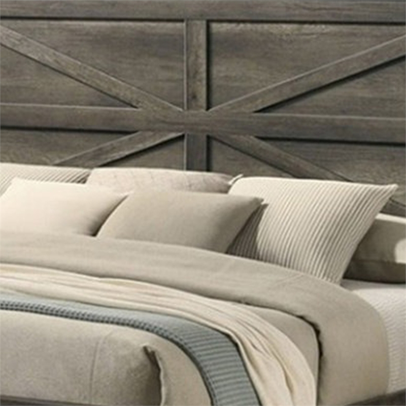Bry Queen Size Bed w Chevron Panel Headboard-Rustic Gray Wood Frame