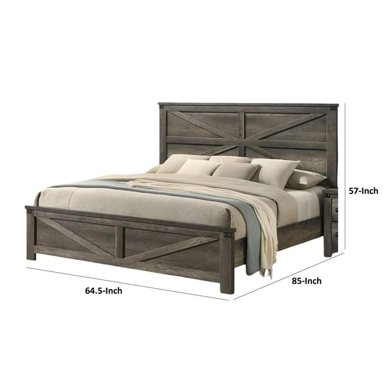 Bry Queen Size Bed w Chevron Panel Headboard-Rustic Gray Wood Frame