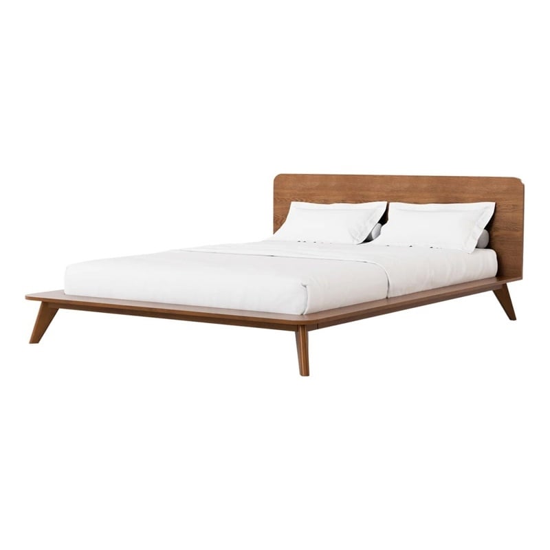 Stacy King Size Bed w Panel Headboard-Angled Legs-Walnut Brown Wood
