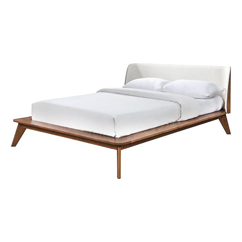 Linzy King Size Bed w Beige Boucle Winged Headboard-Walnut Brown