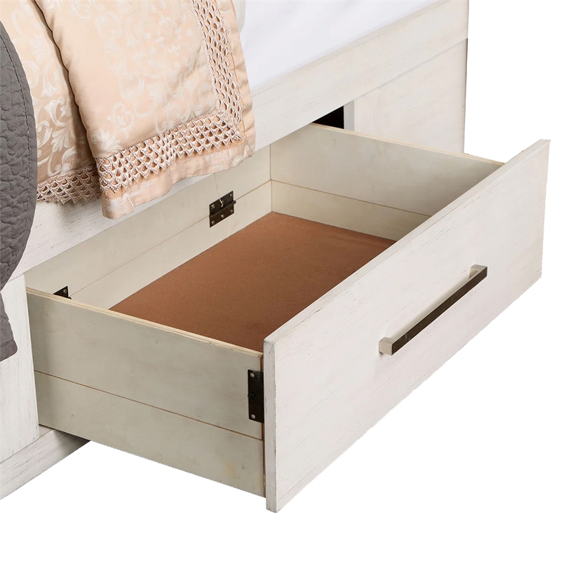 Mimy Queen Bed with Bookcase Headboard-Footboard Storage-White Wood