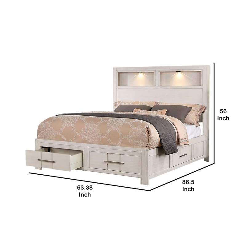 Mimy Queen Bed with Bookcase Headboard-Footboard Storage-White Wood