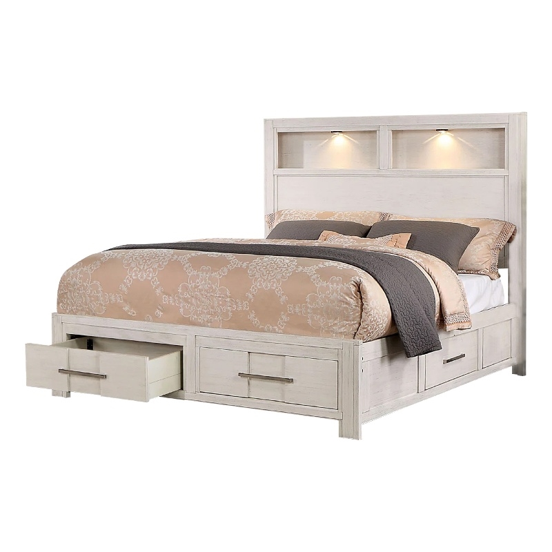 Mimy Queen Bed with Bookcase Headboard-Footboard Storage-White Wood