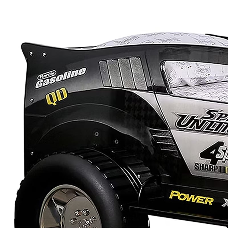 Jacky Kids Twin Bed with Off-Road Car Design-LED Headlights-Black Wood