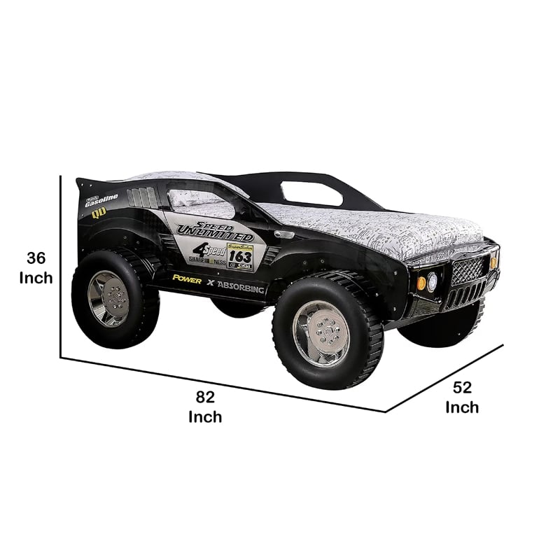 Jacky Kids Twin Bed with Off-Road Car Design-LED Headlights-Black Wood
