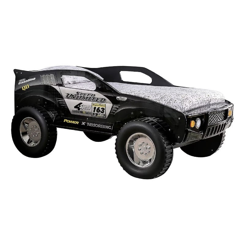 Jacky Kids Twin Bed with Off-Road Car Design-LED Headlights-Black Wood