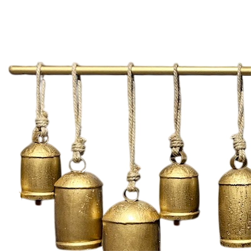 Iron Cow Bells Wall Decor 48 Inch Wide Decorative-Antique Gold-Jute Hanging Rope