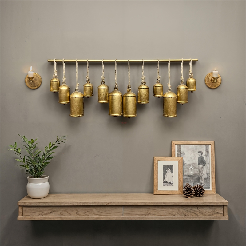 Iron Cow Bells Wall Decor 48 Inch Wide Decorative-Antique Gold-Jute Hanging Rope