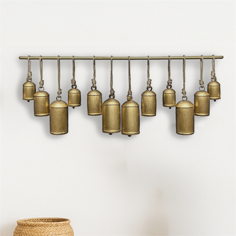 Iron Cow Bells Wall Decor 48 Inch Wide Decorative-Antique Gold-Jute Hanging Rope