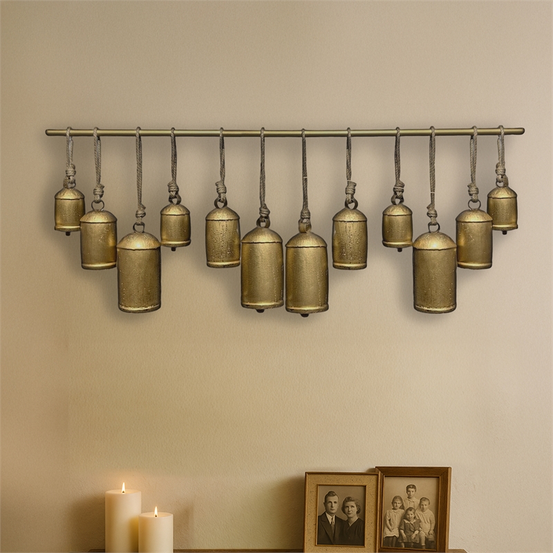 Iron Cow Bells Wall Decor 48 Inch Wide Decorative-Antique Gold-Jute Hanging Rope