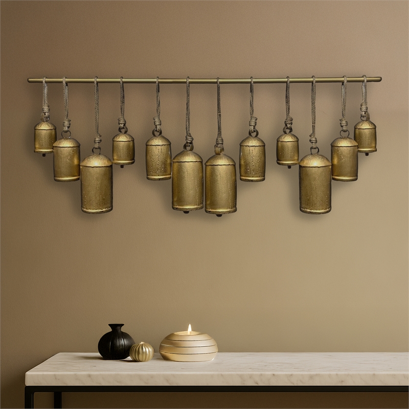 Iron Cow Bells Wall Decor 48 Inch Wide Decorative-Antique Gold-Jute Hanging Rope