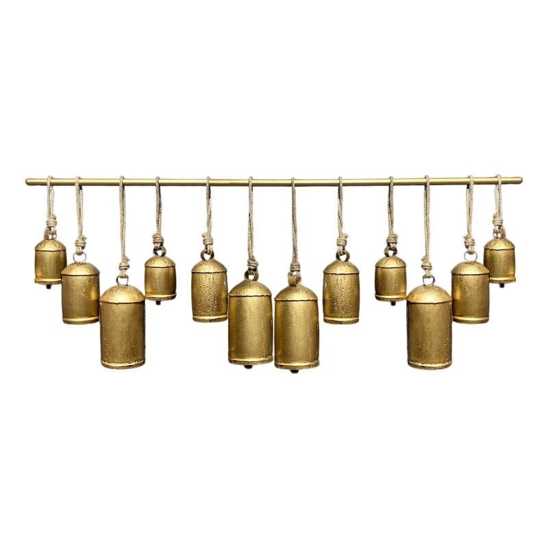Iron Cow Bells Wall Decor 48 Inch Wide Decorative-Antique Gold-Jute Hanging Rope