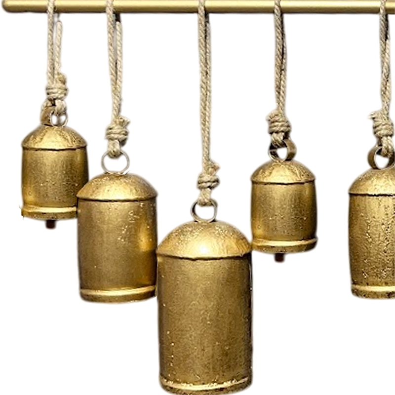 Iron Cow Bells Wall Decor 48 Inch Wide Decorative-Antique Gold-Jute Hanging Rope