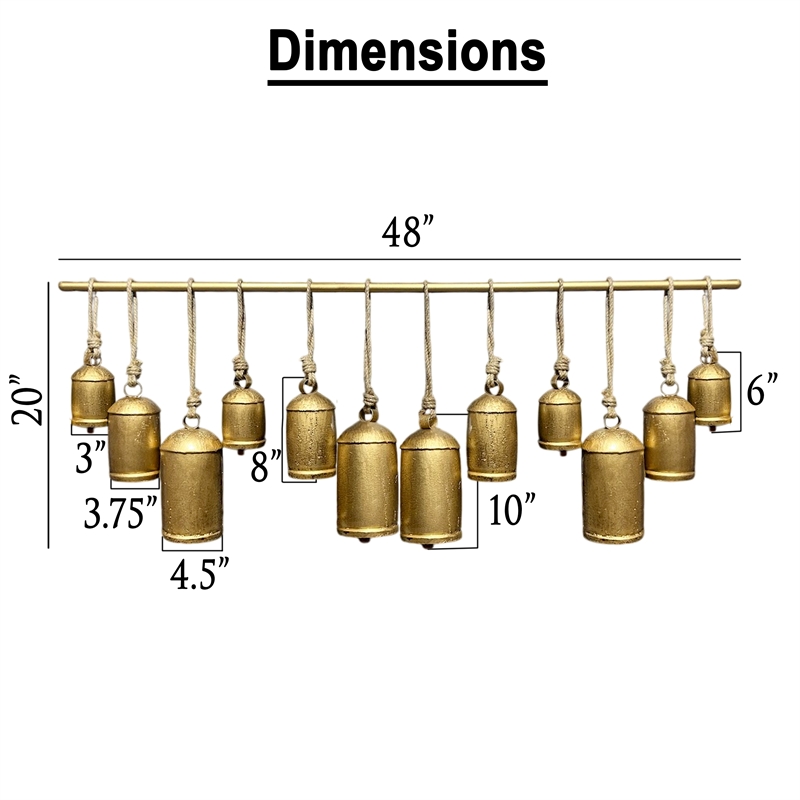 Iron Cow Bells Wall Decor 48 Inch Wide Decorative-Antique Gold-Jute Hanging Rope