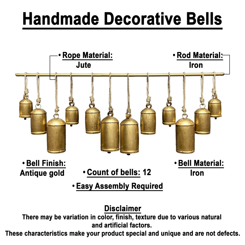 Iron Cow Bells Wall Decor 48 Inch Wide Decorative-Antique Gold-Jute Hanging Rope